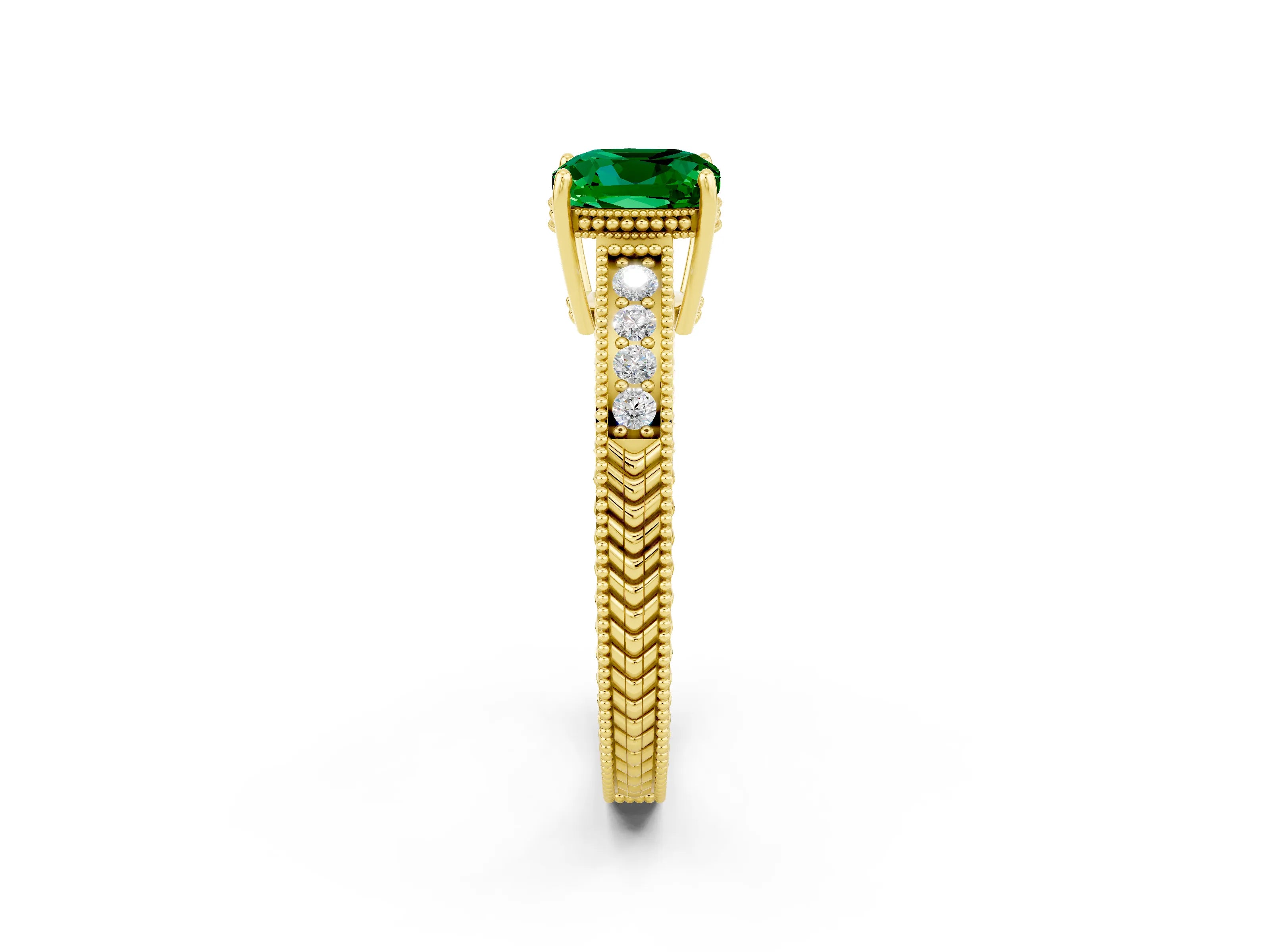 Yellow gold Cushion Cut Emerald Engagement Ring with Milgrain Channel Set Band and Prong Setting_2