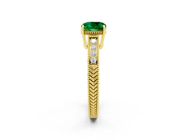 Yellow gold Cushion Cut Emerald Engagement Ring with Milgrain Channel Set Band and Prong Setting