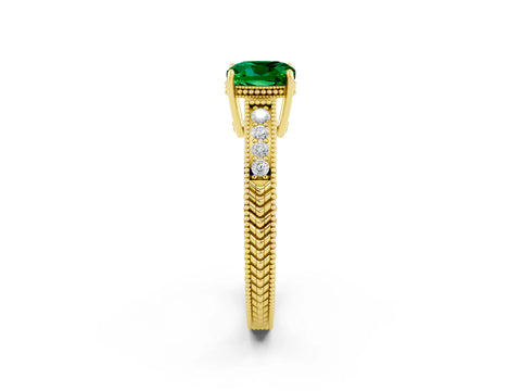Yellow gold Cushion Cut Emerald Engagement Ring with Milgrain Channel Set Band and Prong Setting_2