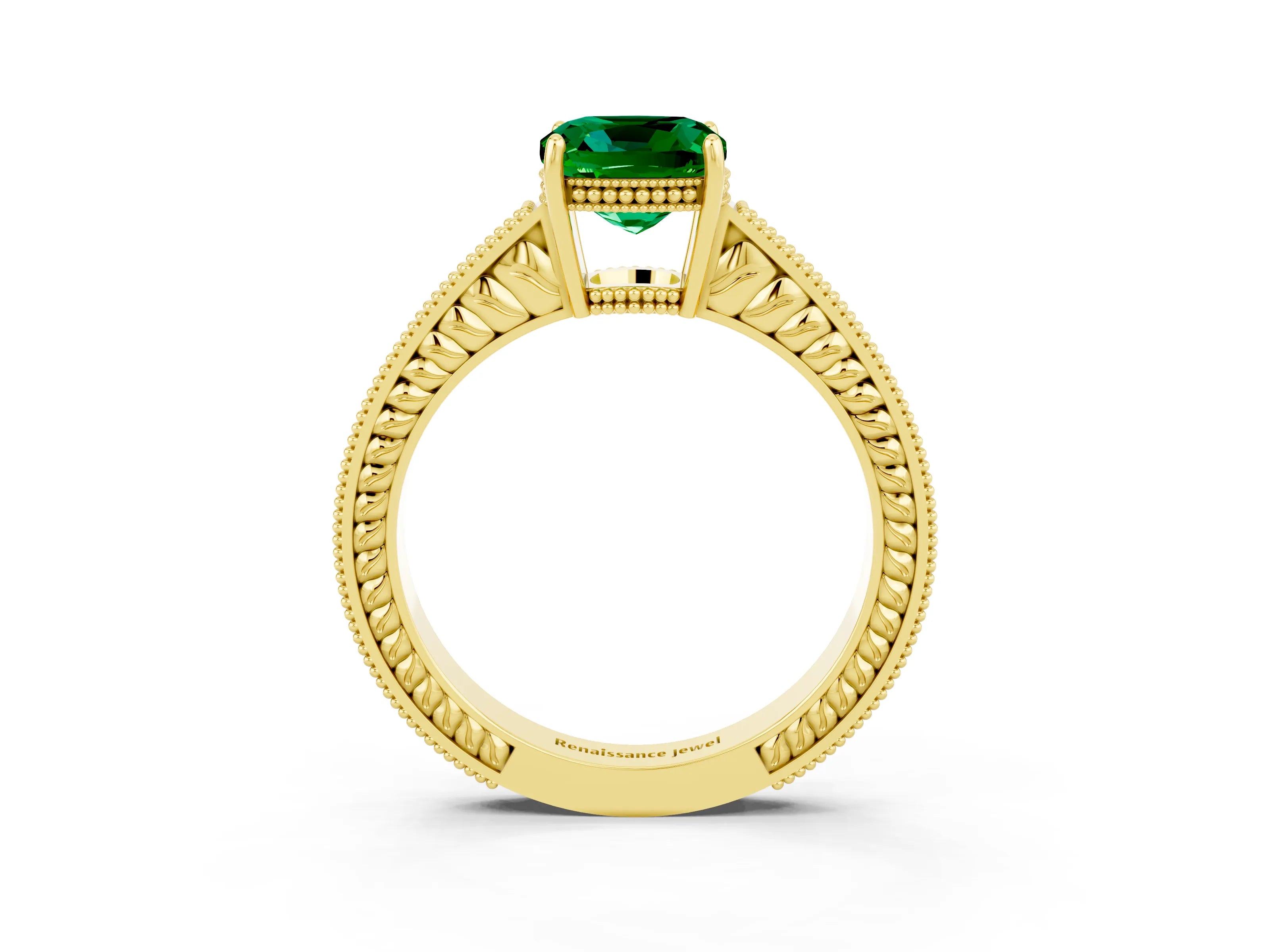 Yellow gold Cushion Cut Emerald Engagement Ring with Milgrain Channel Set Band and Prong Setting_3