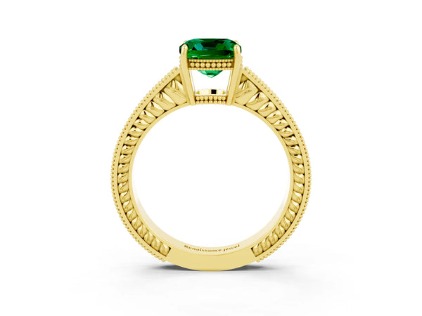 Yellow gold Cushion Cut Emerald Engagement Ring with Milgrain Channel Set Band and Prong Setting