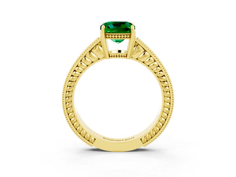Yellow gold Cushion Cut Emerald Engagement Ring with Milgrain Channel Set Band and Prong Setting_3