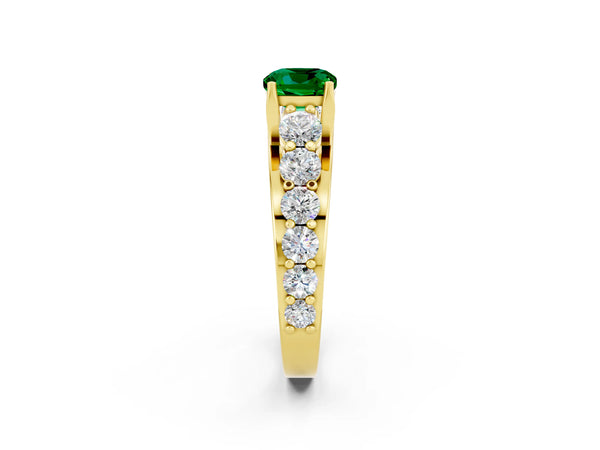 Yellow gold Cushion Cut Emerald Engagement Ring with Pavé Band and Four-Prong Setting