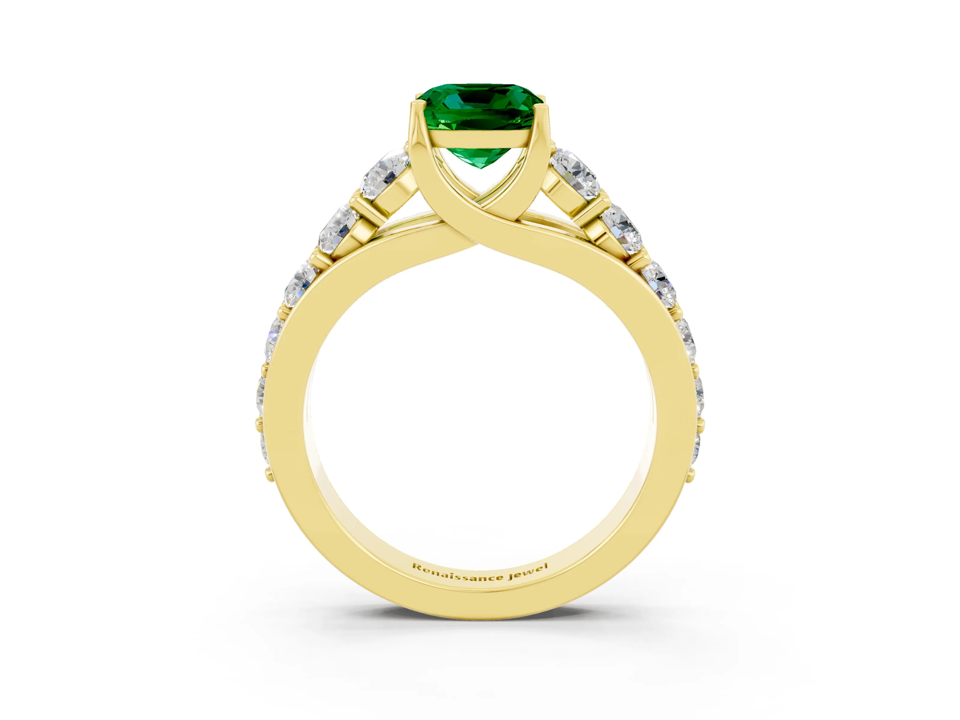 Yellow gold Cushion Cut Emerald Engagement Ring with Pavé Band and Four-Prong Setting_3