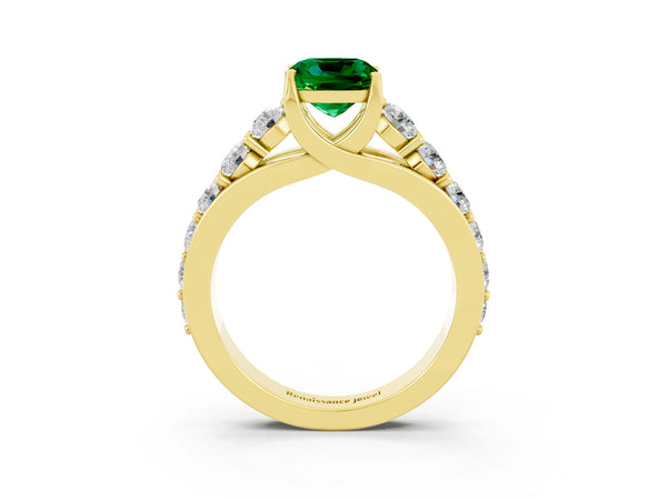 Yellow gold Cushion Cut Emerald Engagement Ring with Pavé Band and Four-Prong Setting