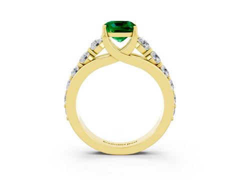 Yellow gold Cushion Cut Emerald Engagement Ring with Pavé Band and Four-Prong Setting_3