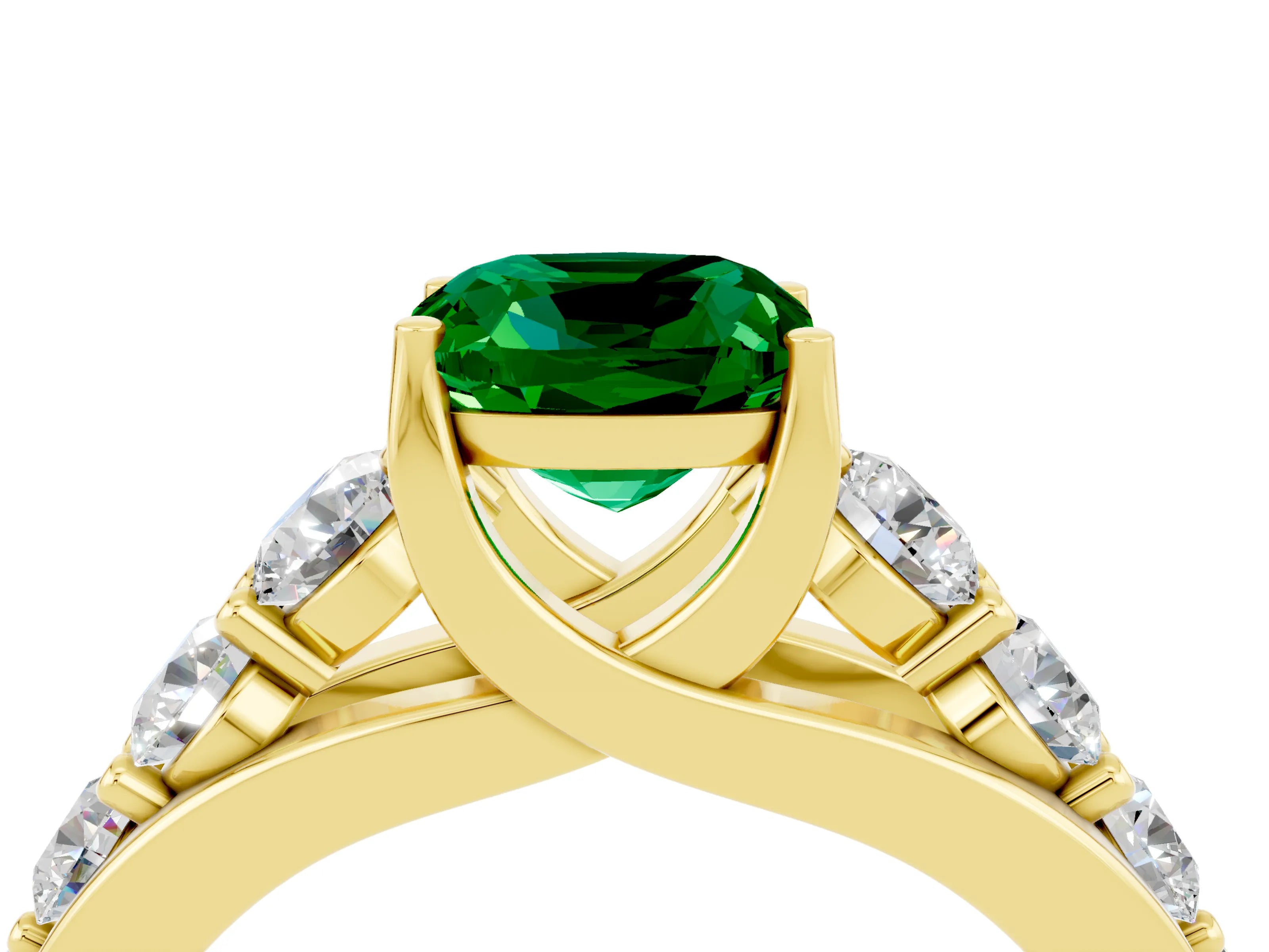 Yellow gold Cushion Cut Emerald Engagement Ring with Pavé Band and Four-Prong Setting_4