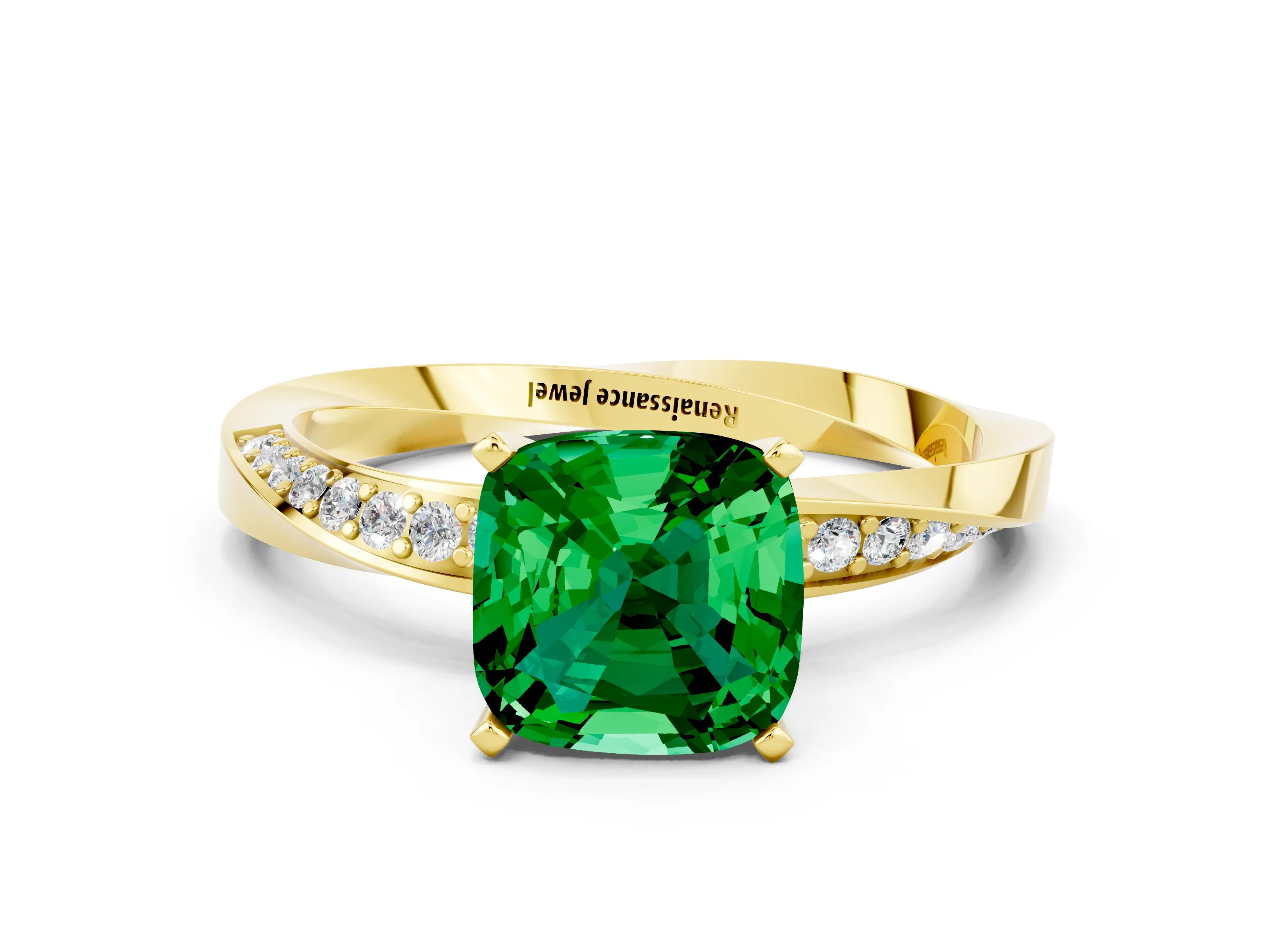 Yellow gold Cushion Cut Emerald Engagement Ring with Side Stone Accents and Four-Prong Setting_39