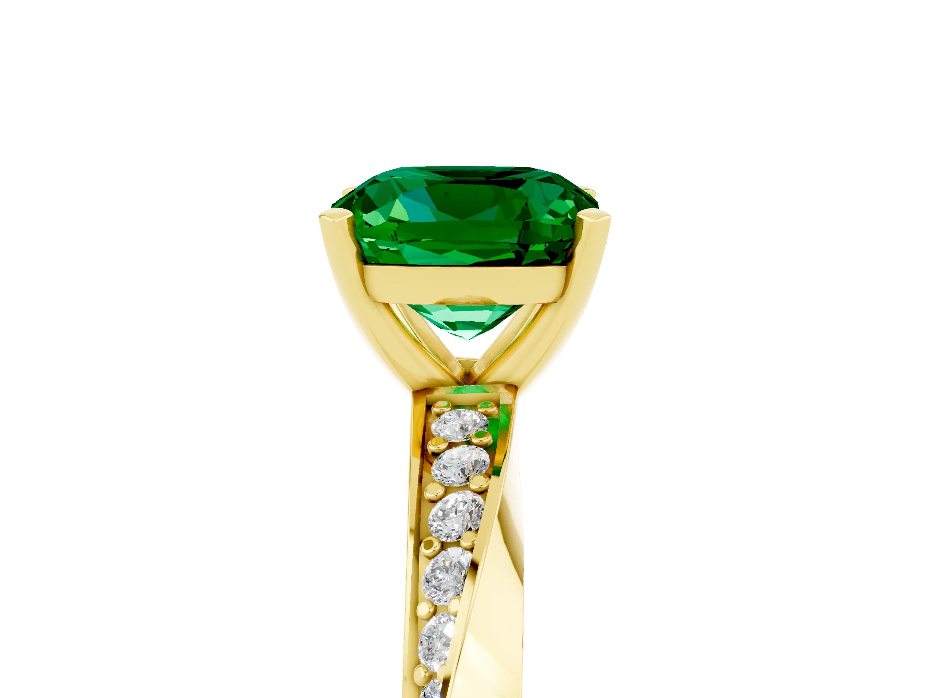 Yellow gold Cushion Cut Emerald Engagement Ring with Side Stone Accents and Four-Prong Setting_44