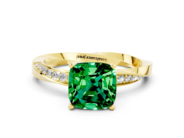 Yellow gold Cushion Cut Emerald Engagement Ring with Side Stone Accents and Four-Prong Setting