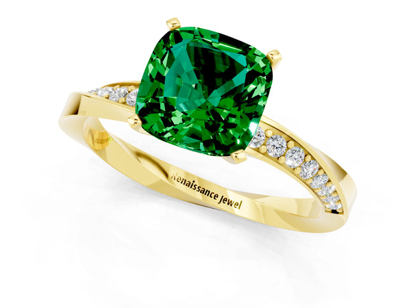 Yellow gold Cushion Cut Emerald Engagement Ring with Side Stone Accents and Four-Prong Setting
