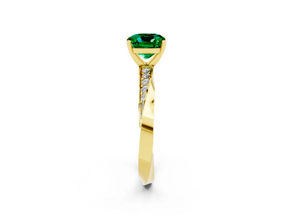 Yellow gold Cushion Cut Emerald Engagement Ring with Side Stone Accents and Four-Prong Setting