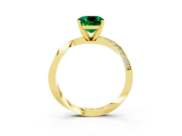 Yellow gold Cushion Cut Emerald Engagement Ring with Side Stone Accents and Four-Prong Setting