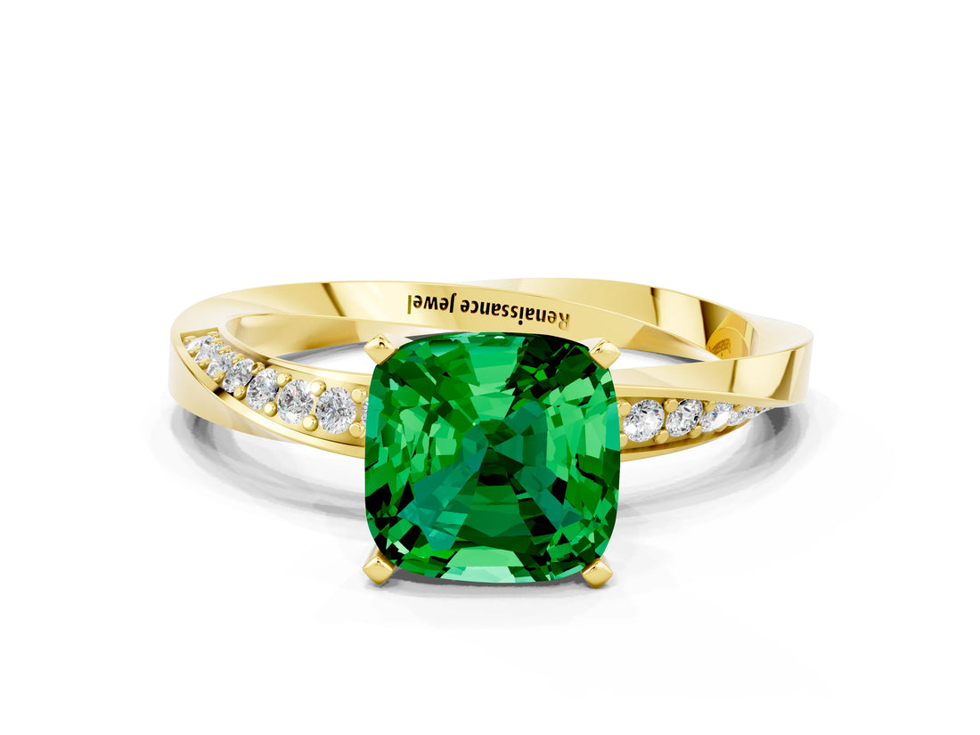 Yellow gold Cushion Cut Emerald Engagement Ring with Side Stone Accents and Four-Prong Setting_84