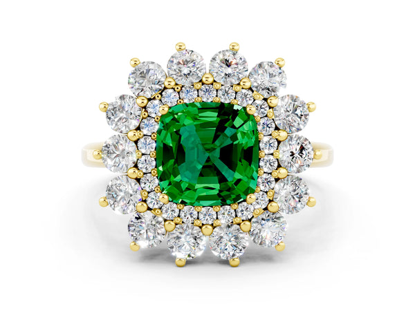 Yellow gold Cushion Cut Emerald Floral Double Halo Engagement Ring with Prong Setting