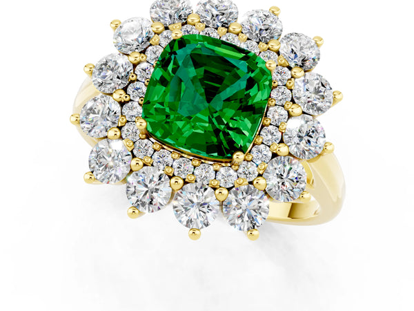 Yellow gold Cushion Cut Emerald Floral Double Halo Engagement Ring with Prong Setting