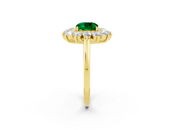 Yellow gold Cushion Cut Emerald Floral Double Halo Engagement Ring with Prong Setting