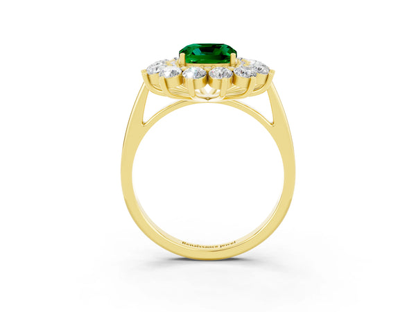 Yellow gold Cushion Cut Emerald Floral Double Halo Engagement Ring with Prong Setting