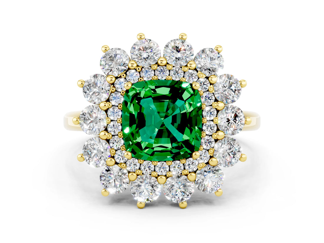 Yellow gold Cushion Cut Emerald Floral Double Halo Engagement Ring with Prong Setting_72