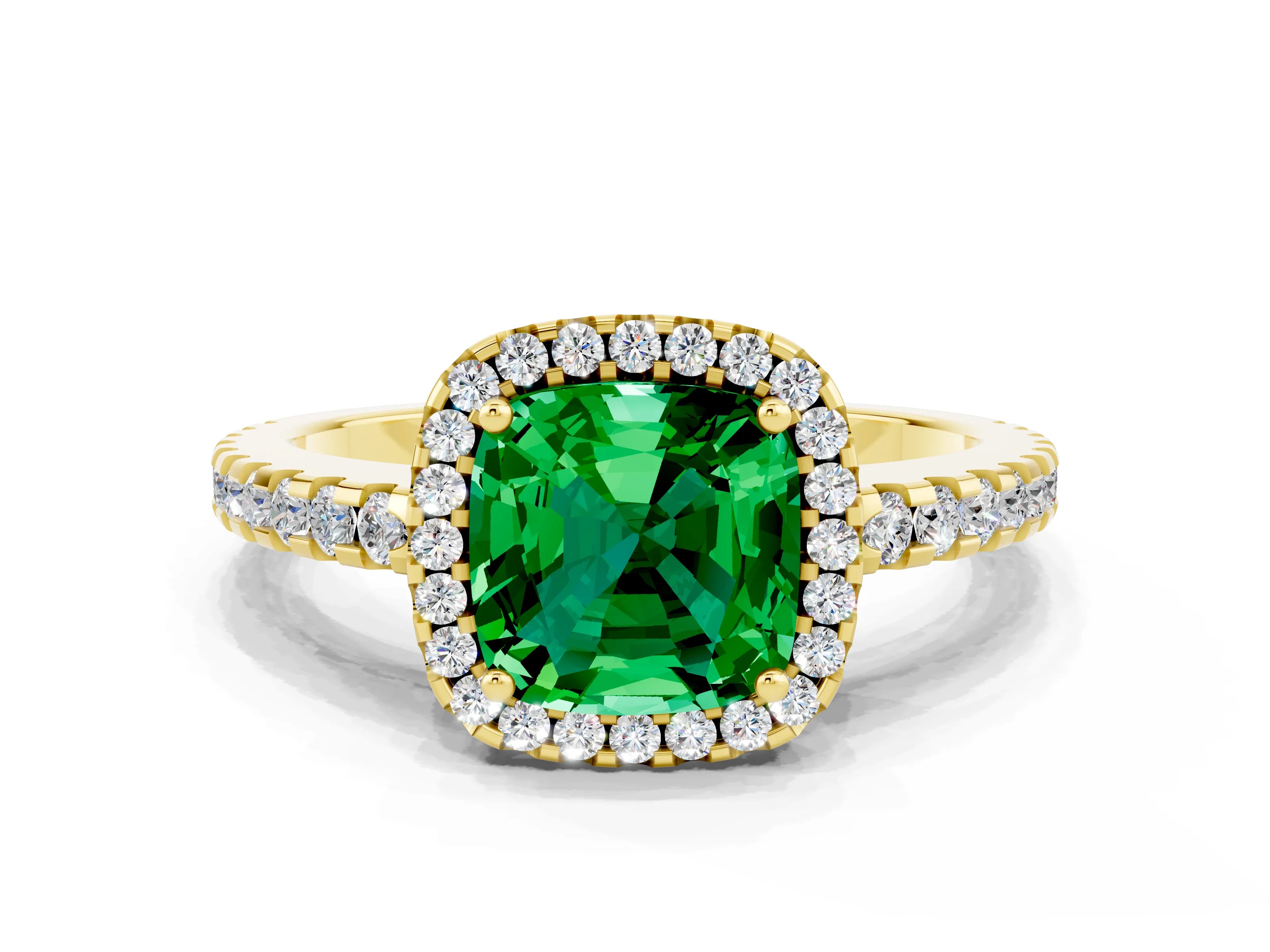 Yellow gold Cushion Cut Emerald Halo Engagement Ring with Pavé Band and Prong Setting_12