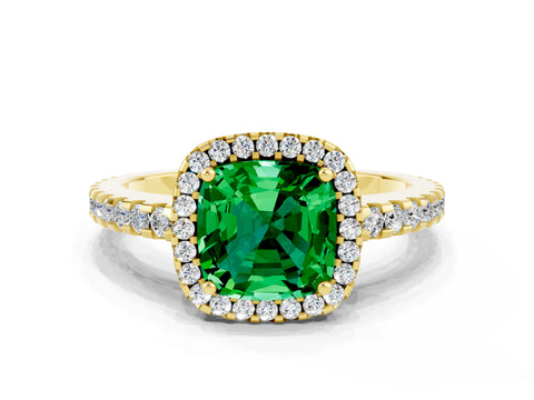 Yellow gold Cushion Cut Emerald Halo Engagement Ring with Pavé Band and Prong Setting_12