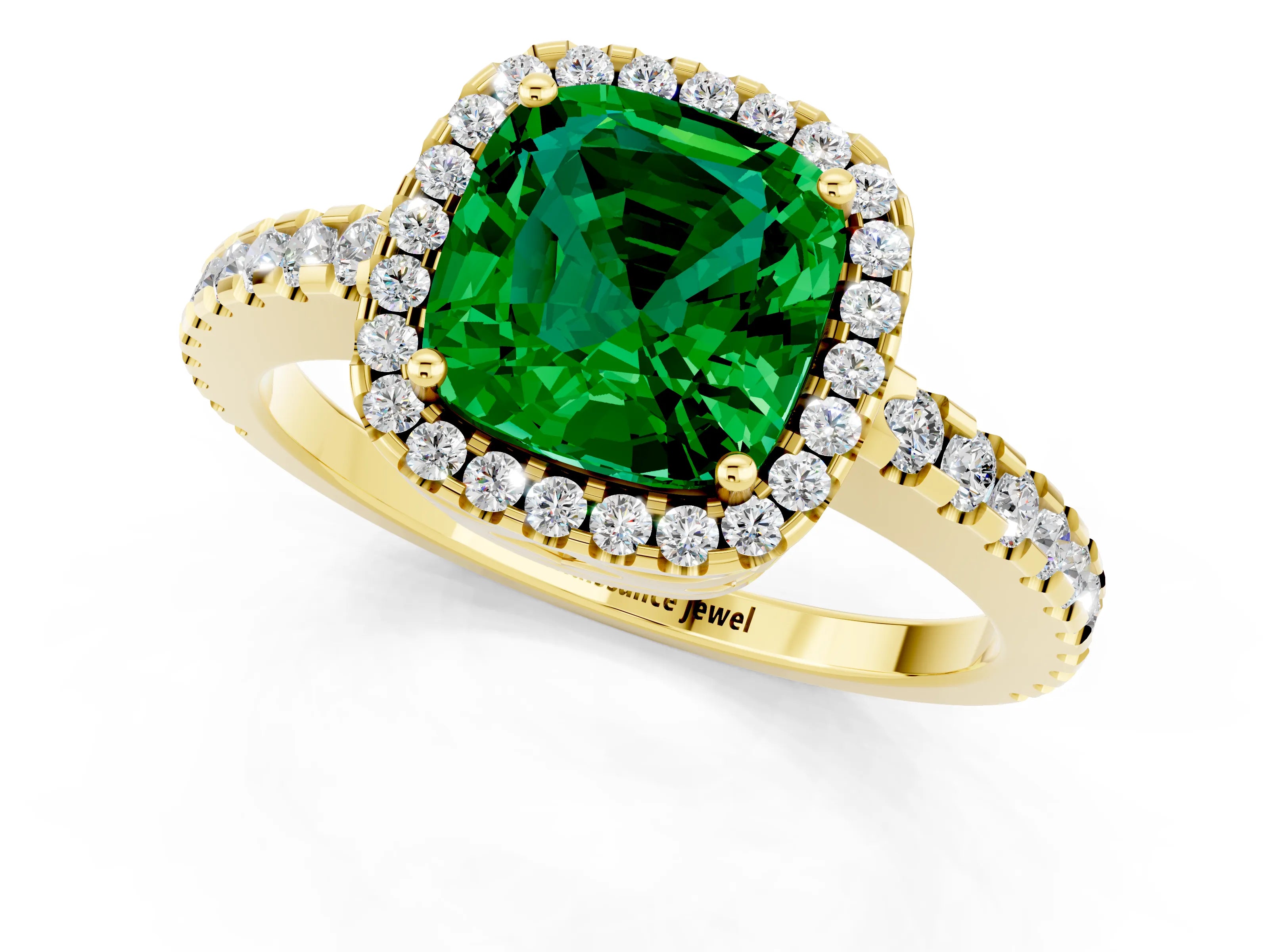 Yellow gold Cushion Cut Emerald Halo Engagement Ring with Pavé Band and Prong Setting_13