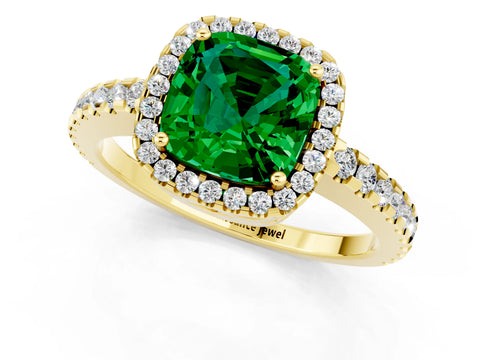 Yellow gold Cushion Cut Emerald Halo Engagement Ring with Pavé Band and Prong Setting_13