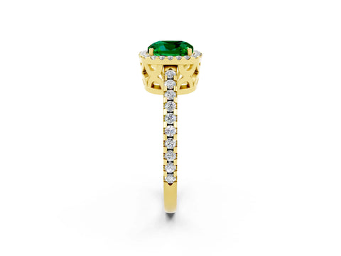 Yellow gold Cushion Cut Emerald Halo Engagement Ring with Pavé Band and Prong Setting_14