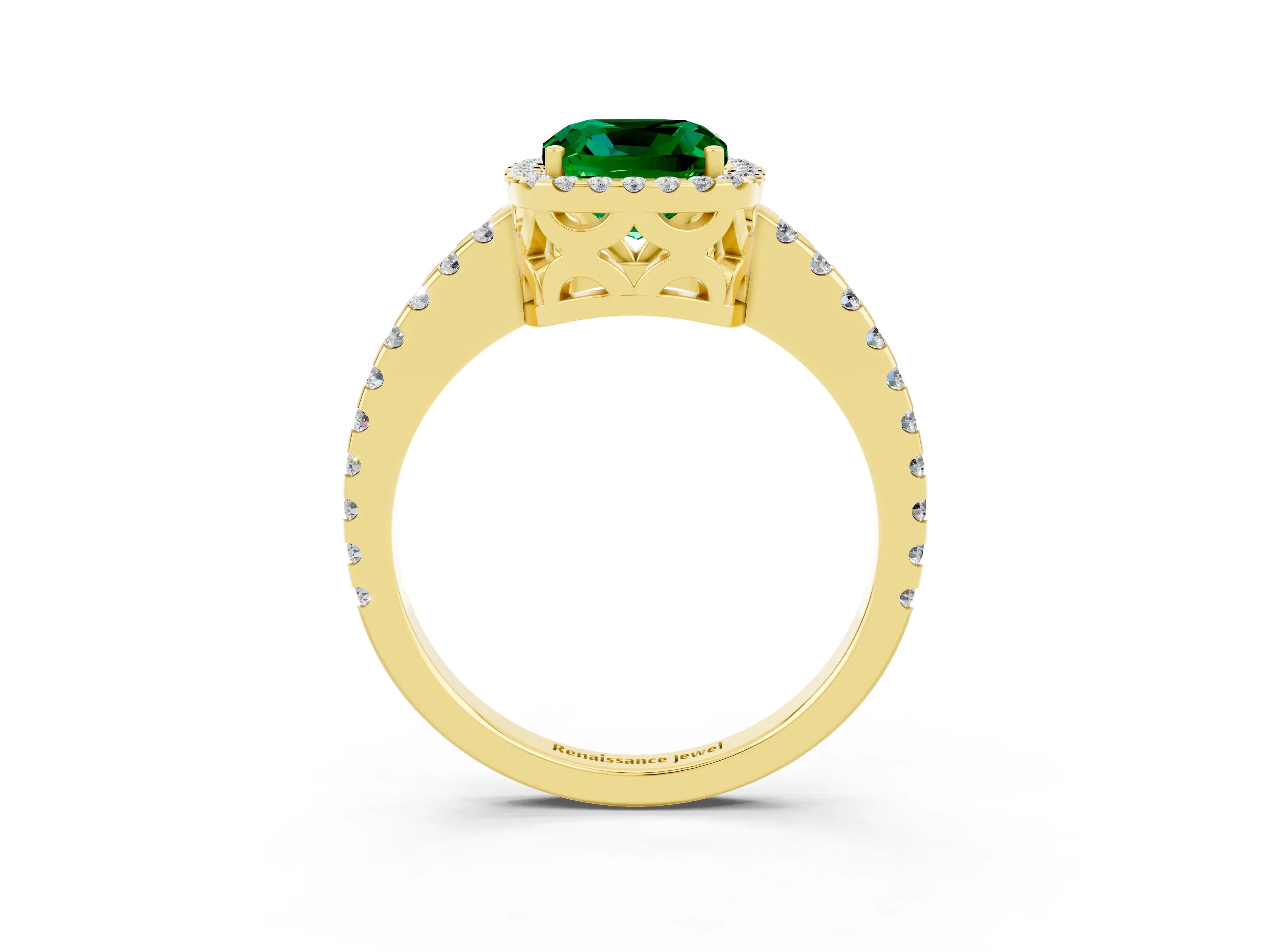 Yellow gold Cushion Cut Emerald Halo Engagement Ring with Pavé Band and Prong Setting_15