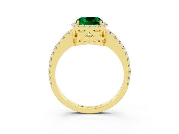 Yellow gold Cushion Cut Emerald Halo Engagement Ring with Pavé Band and Prong Setting