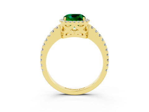 Yellow gold Cushion Cut Emerald Halo Engagement Ring with Pavé Band and Prong Setting_15