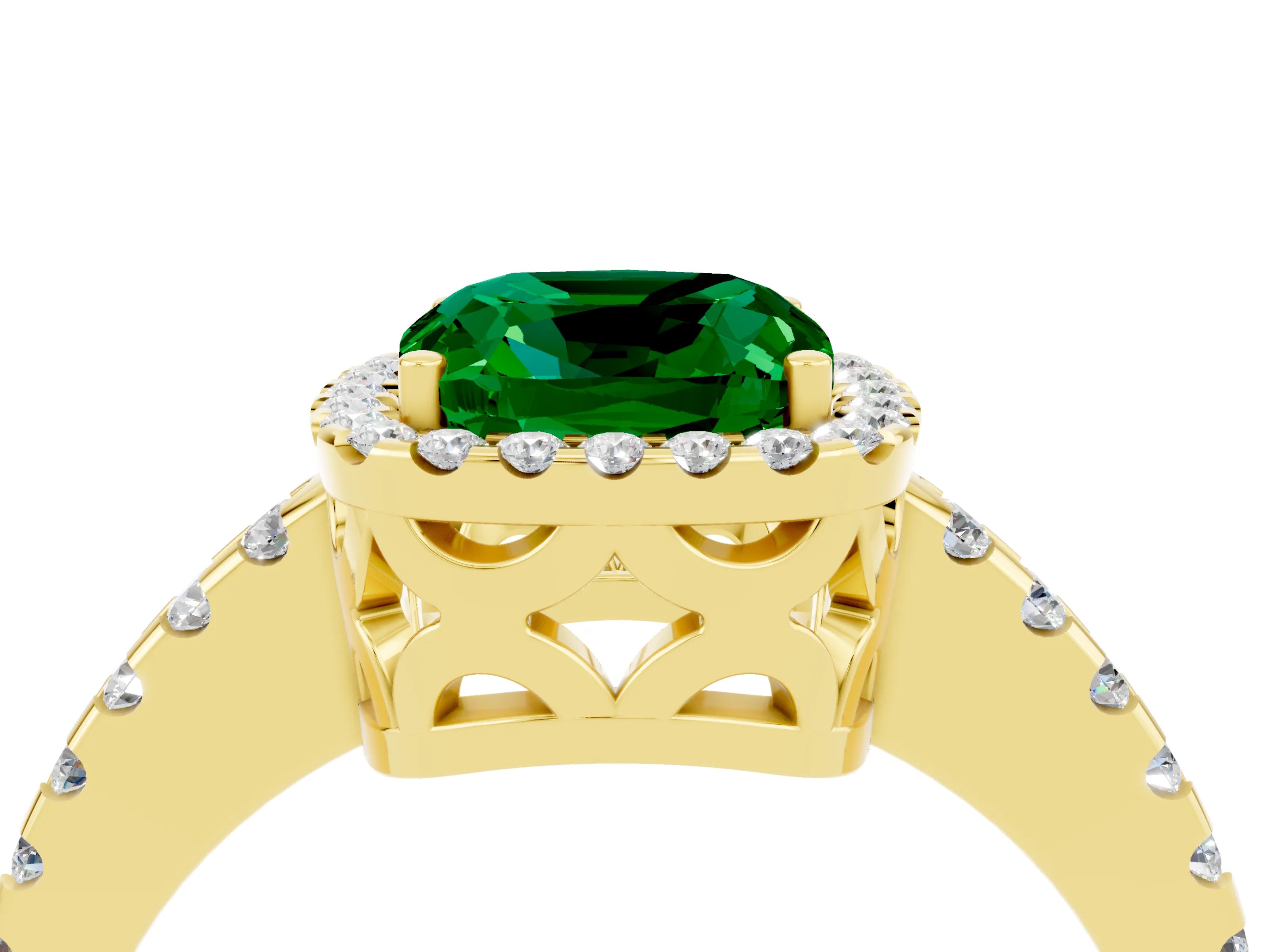Yellow gold Cushion Cut Emerald Halo Engagement Ring with Pavé Band and Prong Setting_16