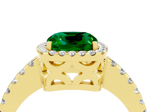 Yellow gold Cushion Cut Emerald Halo Engagement Ring with Pavé Band and Prong Setting_16
