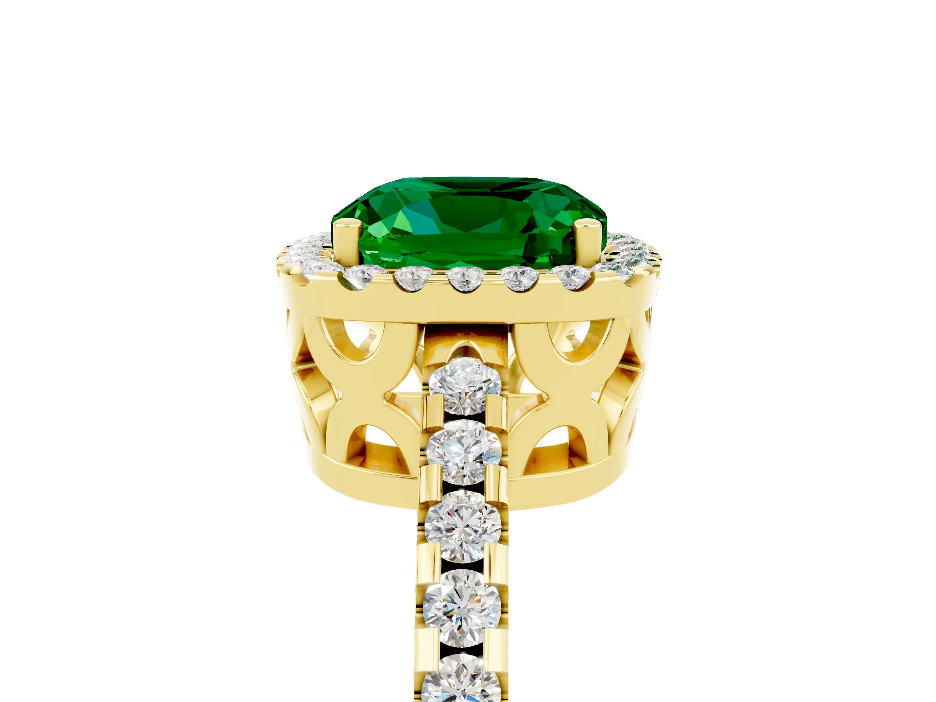 Yellow gold Cushion Cut Emerald Halo Engagement Ring with Pavé Band and Prong Setting_17