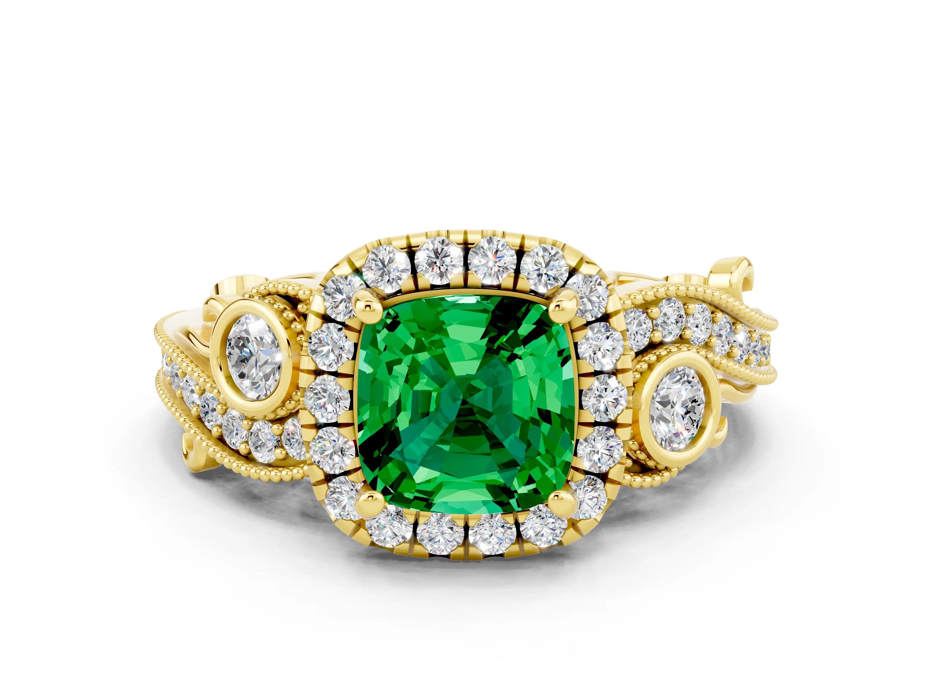 Yellow gold Cushion Cut Emerald Halo Ring with Milgrain Pavé Band and Four-Prong Setting_12