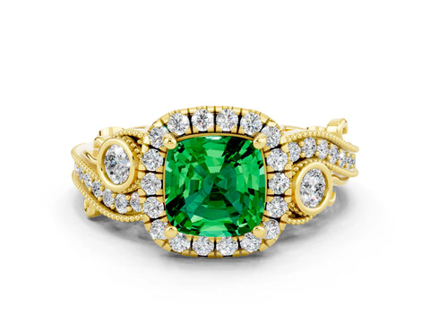 Yellow gold Cushion Cut Emerald Halo Ring with Milgrain Pavé Band and Four-Prong Setting_12