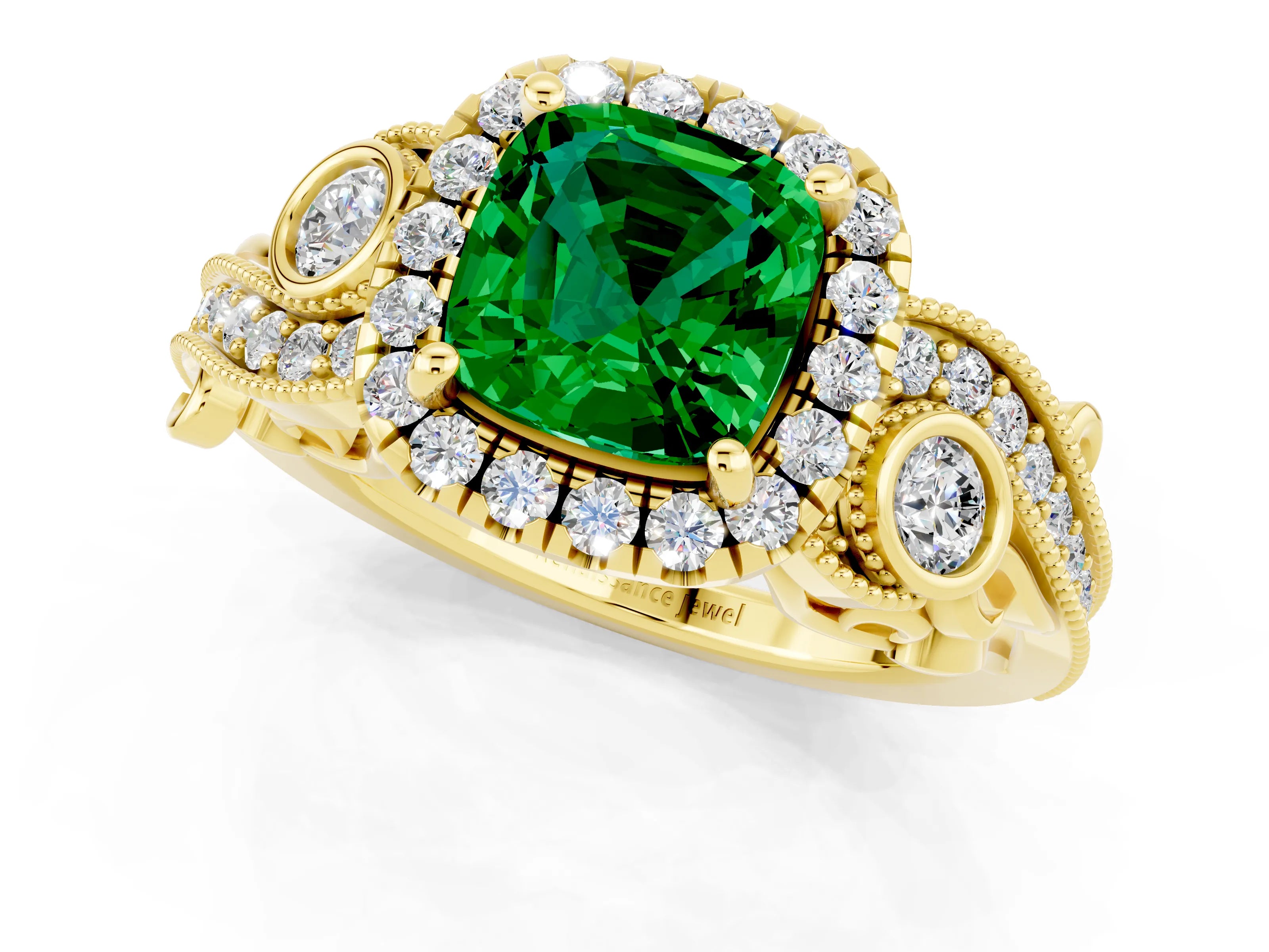 Yellow gold Cushion Cut Emerald Halo Ring with Milgrain Pavé Band and Four-Prong Setting_13
