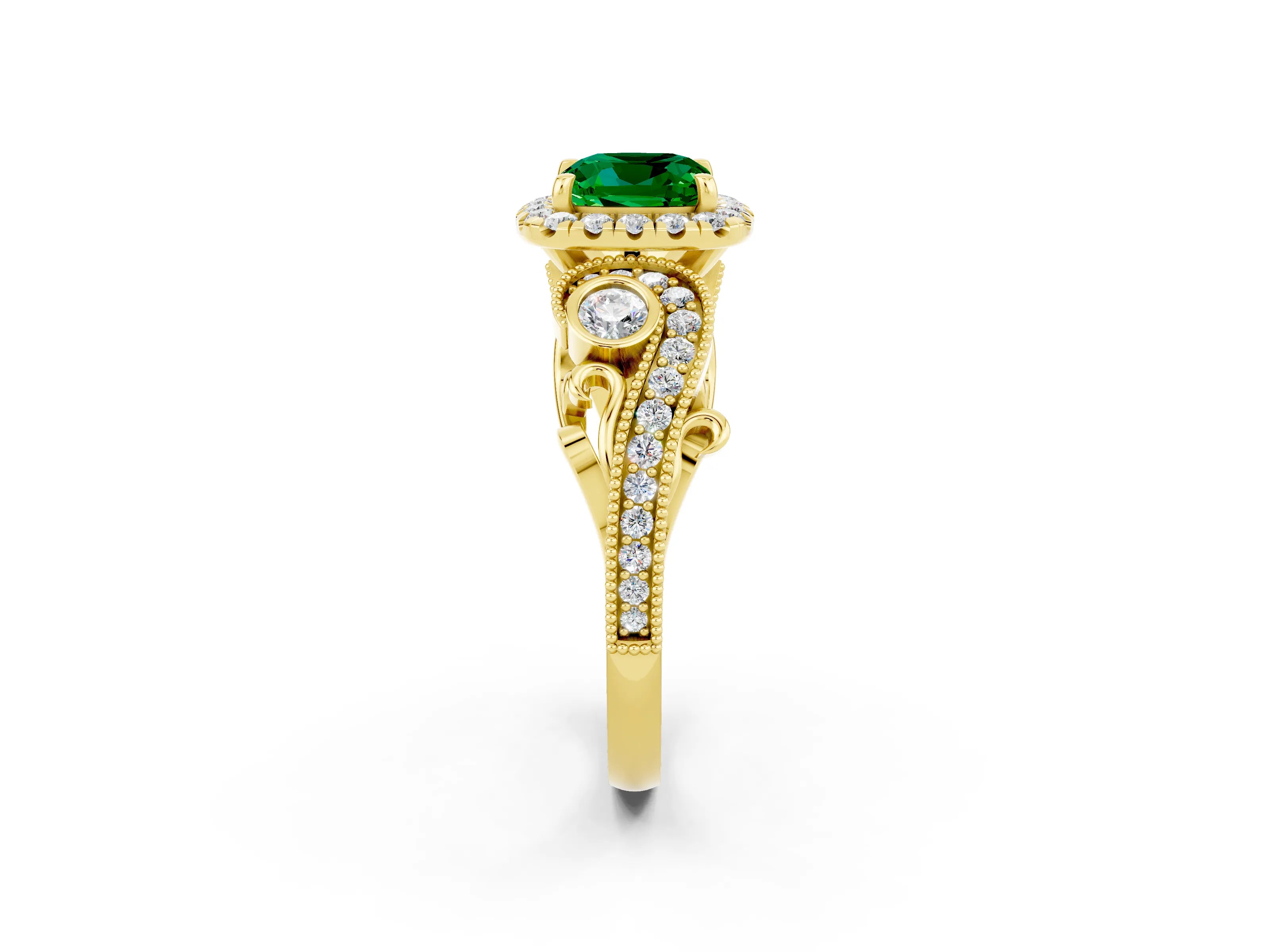 Yellow gold Cushion Cut Emerald Halo Ring with Milgrain Pavé Band and Four-Prong Setting_14