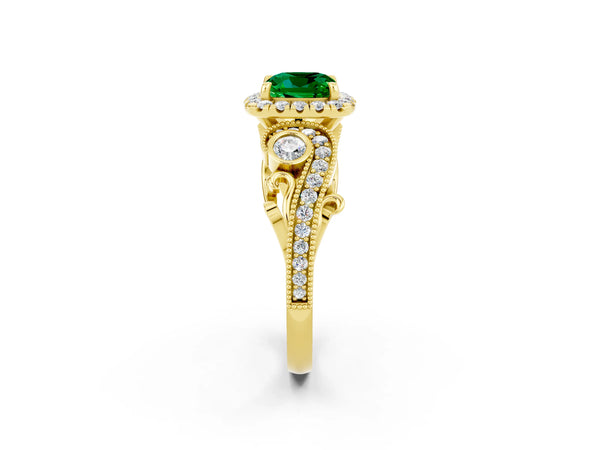 Yellow gold Cushion Cut Emerald Halo Ring with Milgrain Pavé Band and Four-Prong Setting