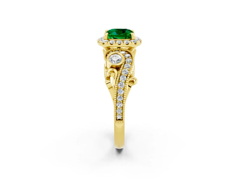 Yellow gold Cushion Cut Emerald Halo Ring with Milgrain Pavé Band and Four-Prong Setting_14