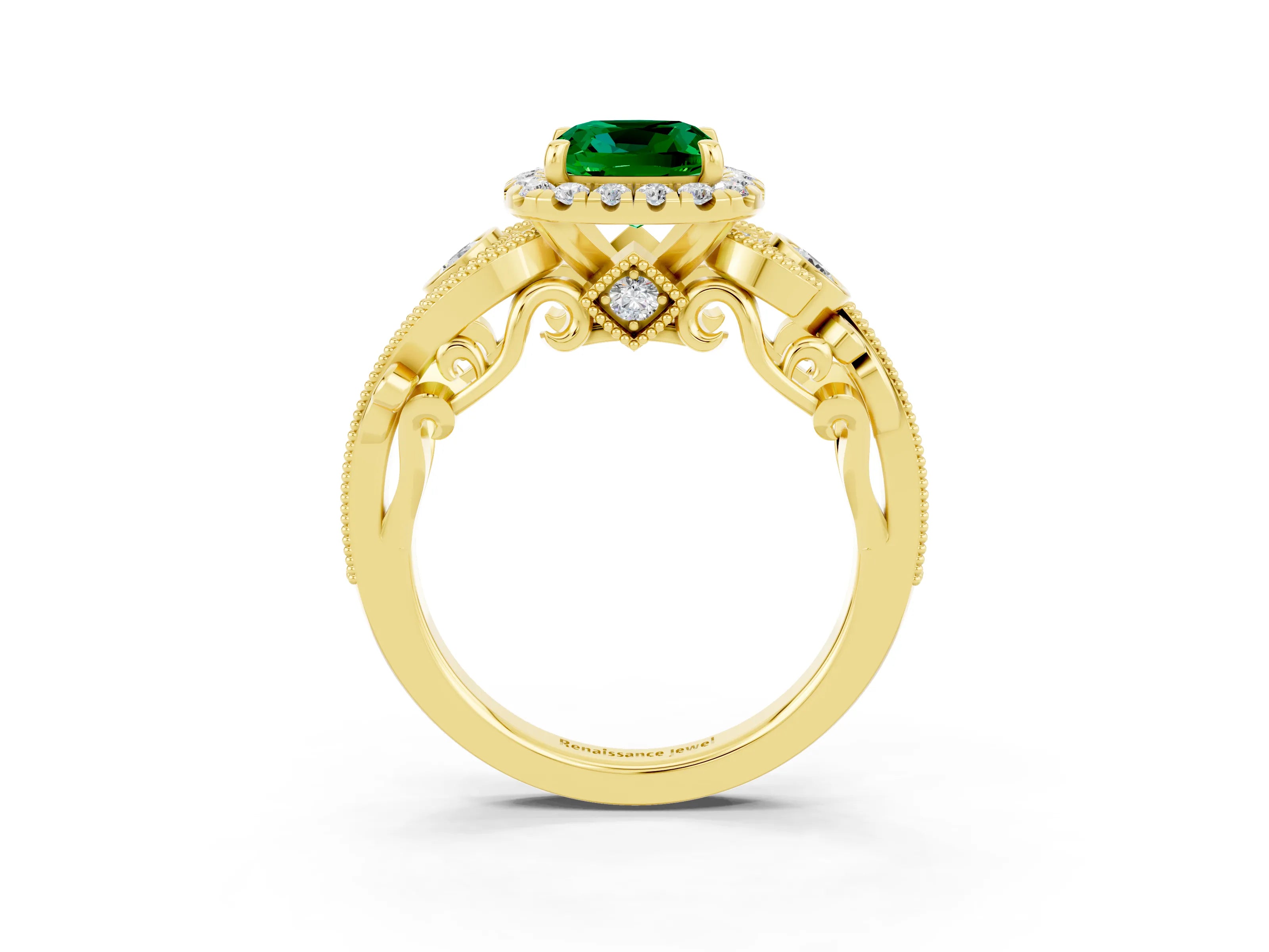 Yellow gold Cushion Cut Emerald Halo Ring with Milgrain Pavé Band and Four-Prong Setting_15