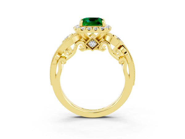 Yellow gold Cushion Cut Emerald Halo Ring with Milgrain Pavé Band and Four-Prong Setting