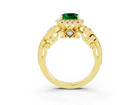 Yellow gold Cushion Cut Emerald Halo Ring with Milgrain Pavé Band and Four-Prong Setting_15