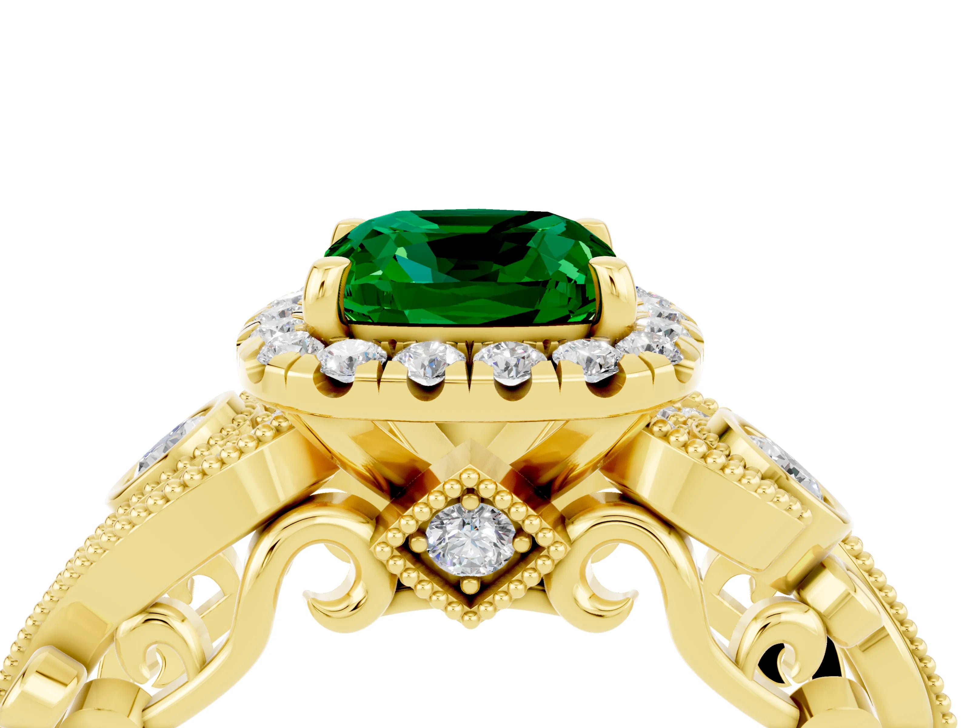 Yellow gold Cushion Cut Emerald Halo Ring with Milgrain Pavé Band and Four-Prong Setting_16