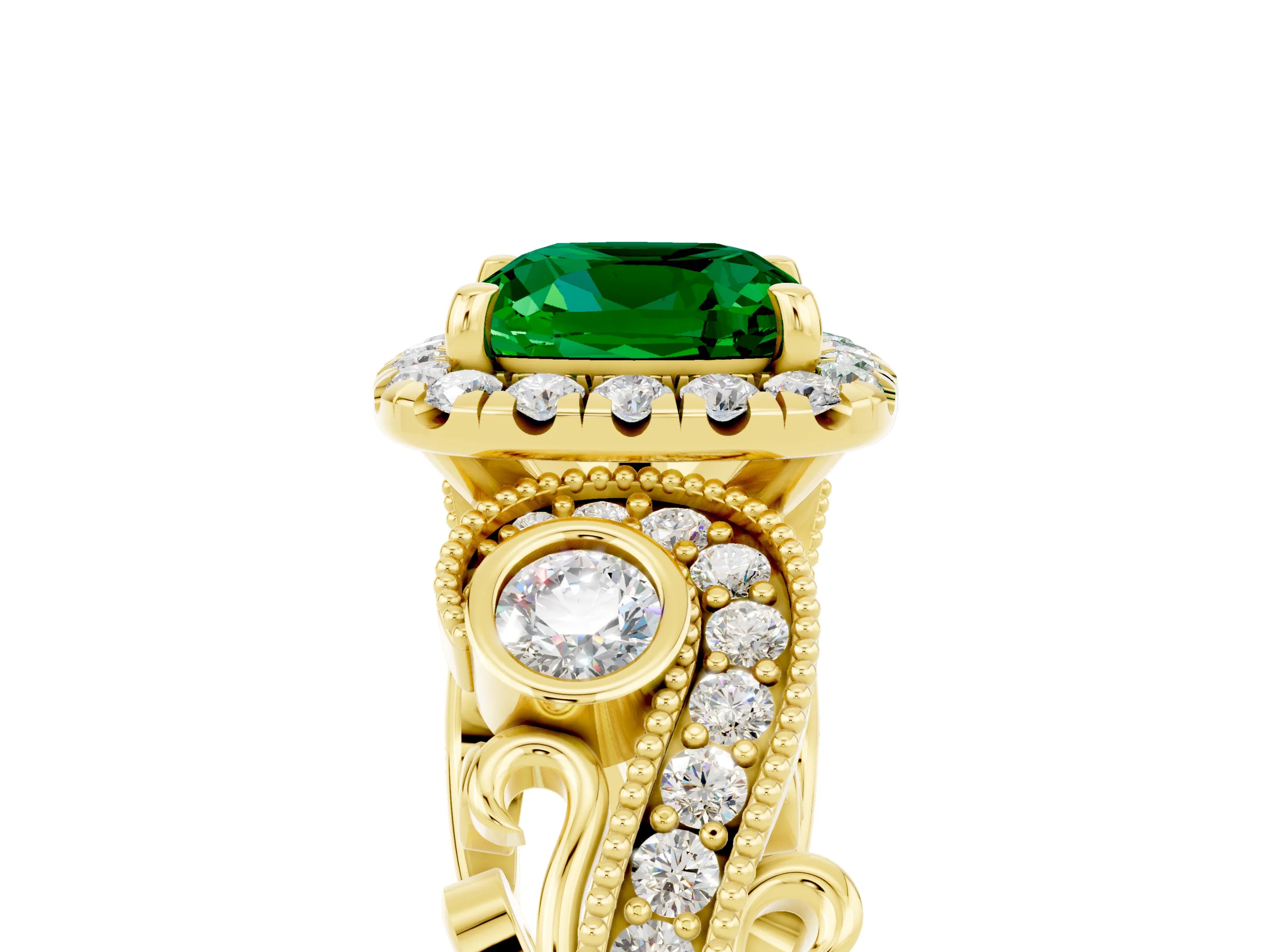 Yellow gold Cushion Cut Emerald Halo Ring with Milgrain Pavé Band and Four-Prong Setting_17