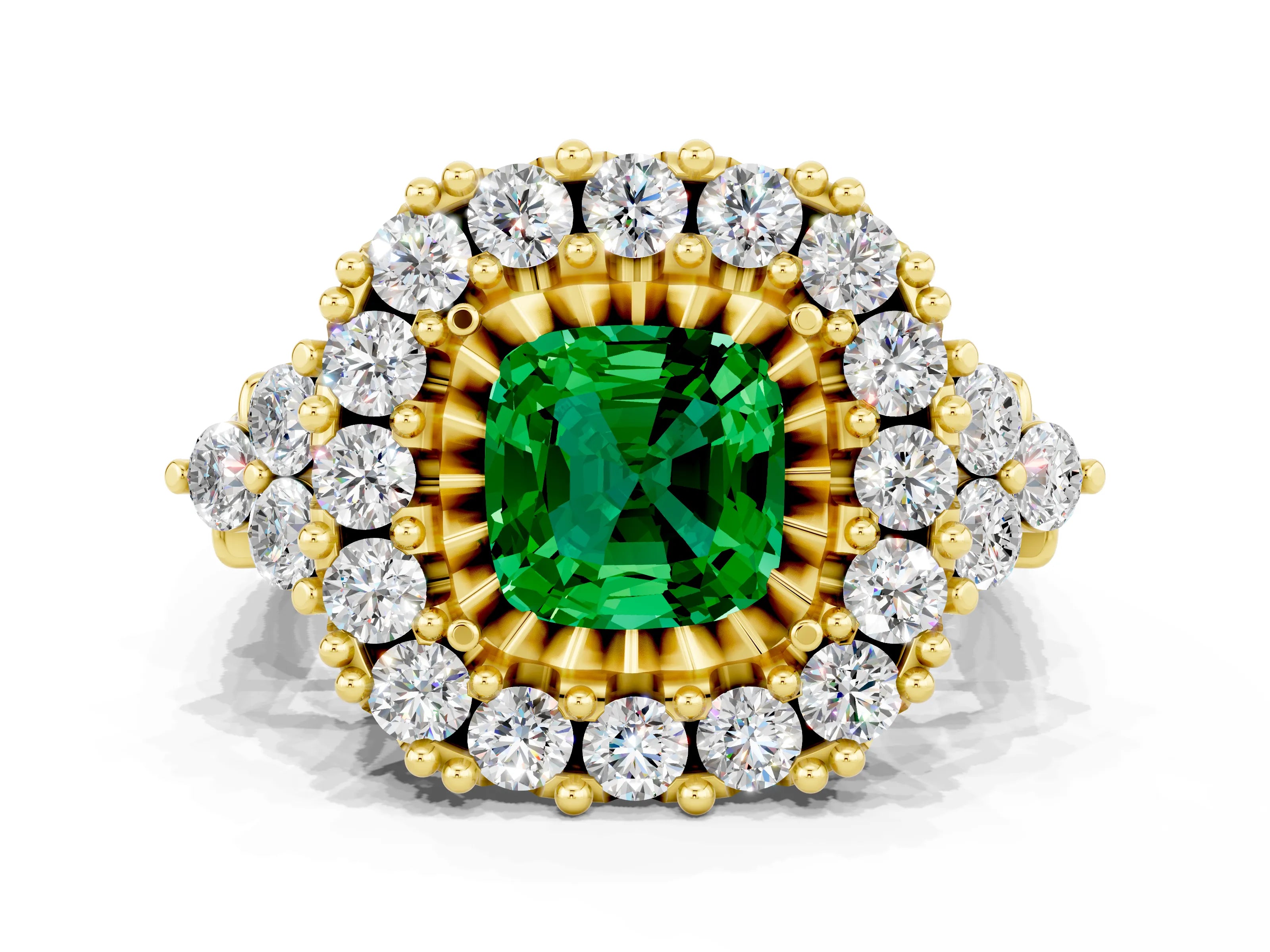 Yellow gold Cushion Cut Emerald Halo Ring with Pavé Band and Four-Prong Setting_12