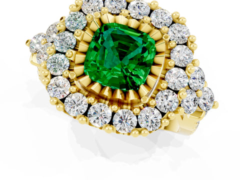 Yellow gold Cushion Cut Emerald Halo Ring with Pavé Band and Four-Prong Setting_13