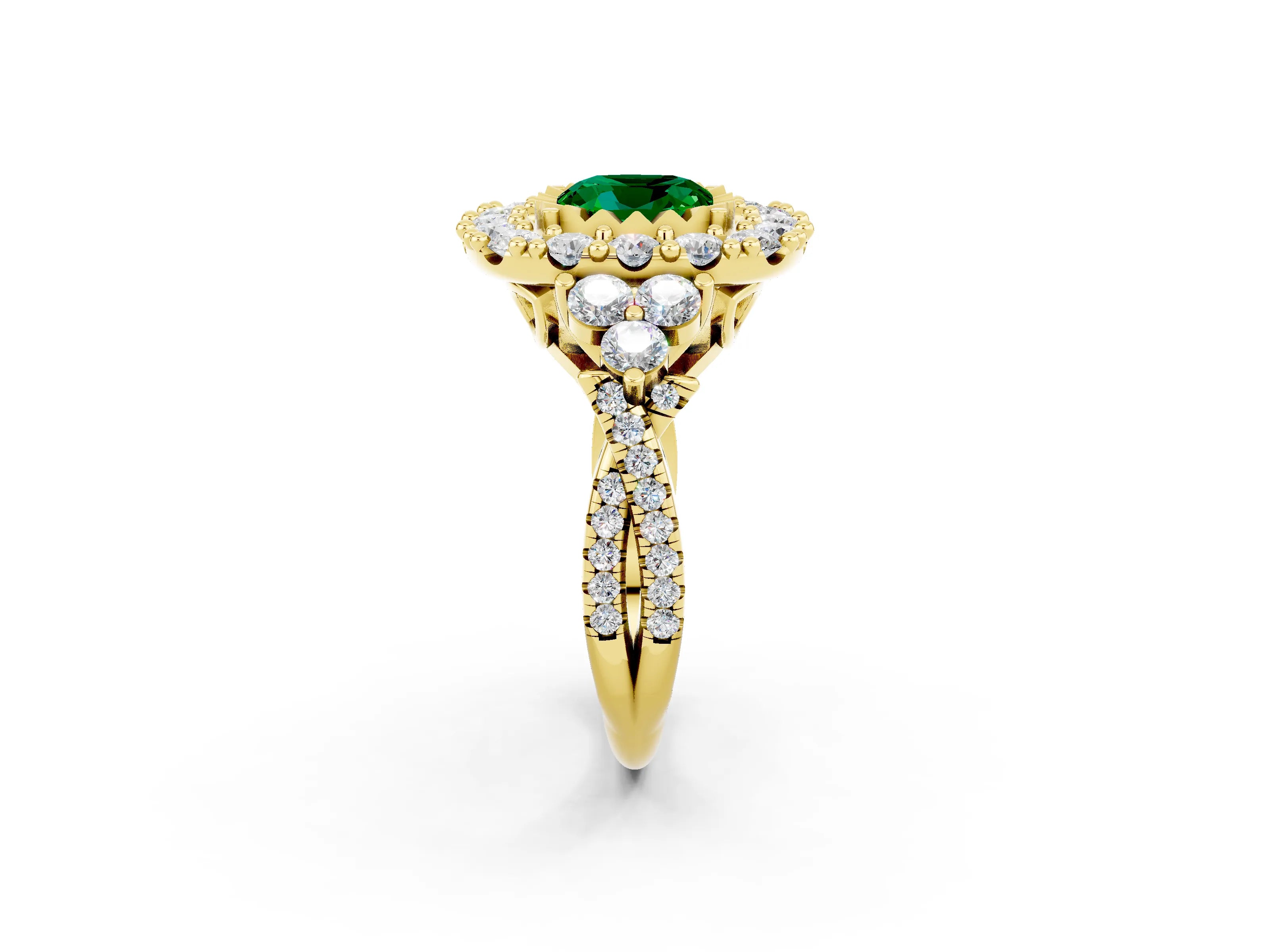 Yellow gold Cushion Cut Emerald Halo Ring with Pavé Band and Four-Prong Setting_14