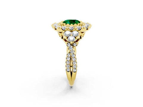 Yellow gold Cushion Cut Emerald Halo Ring with Pavé Band and Four-Prong Setting_14