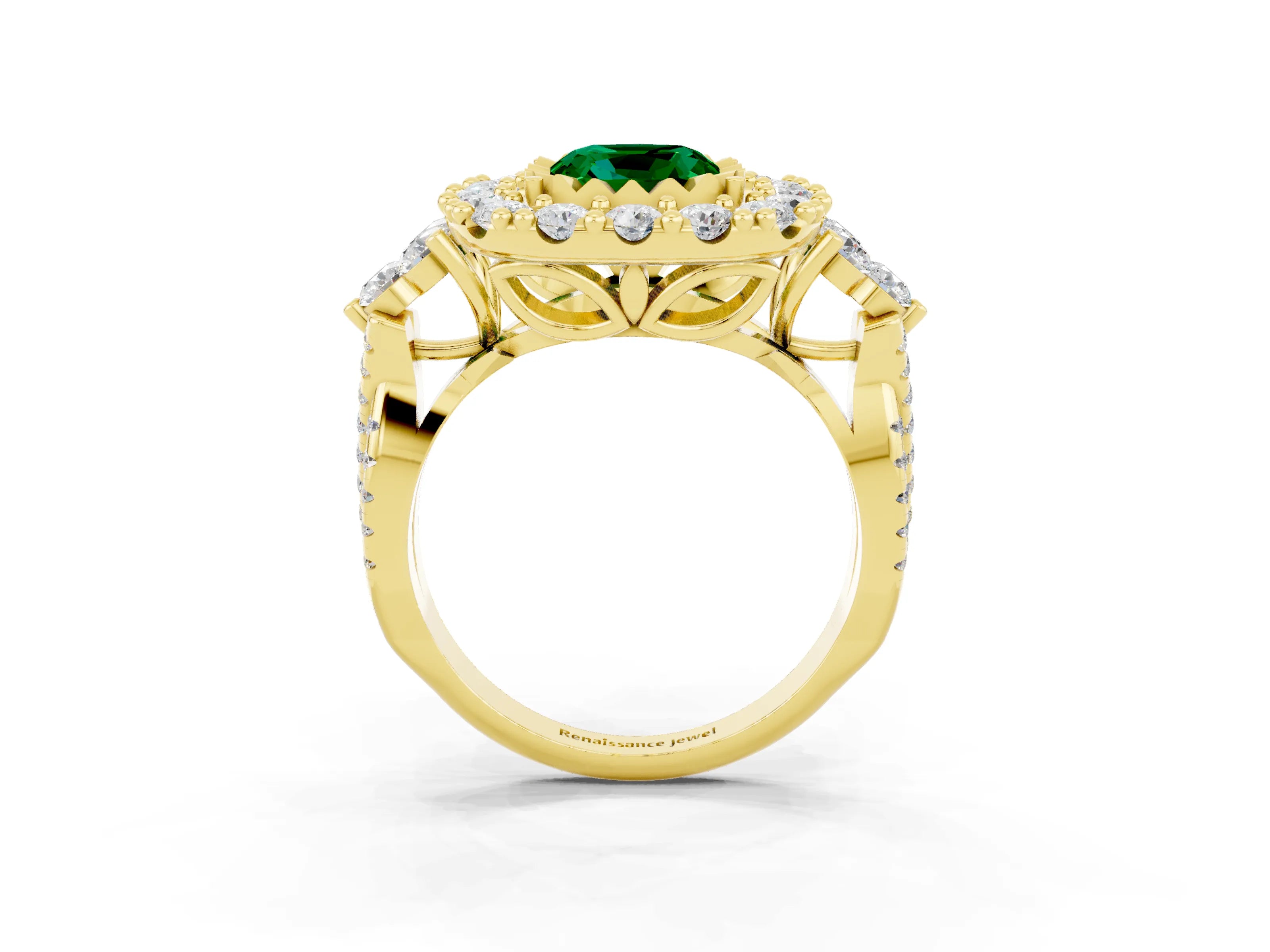 Yellow gold Cushion Cut Emerald Halo Ring with Pavé Band and Four-Prong Setting_15